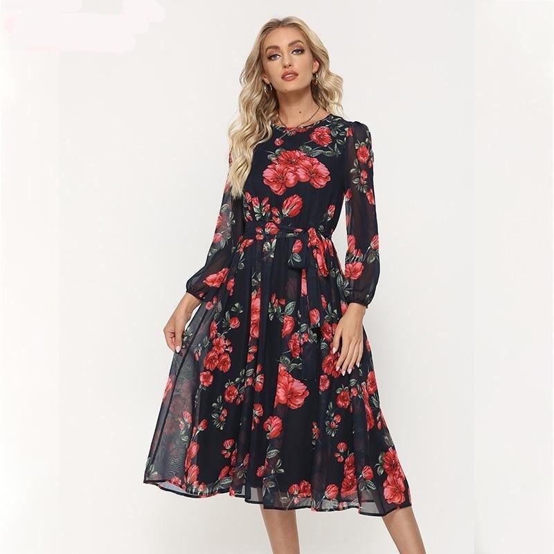 Bohemian Style Red Flower Printed Chiffon Dress - HER SHOP