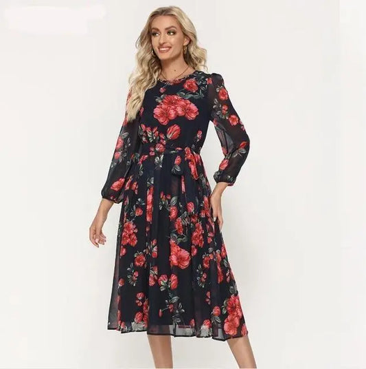 Bohemian Style Red Flower Printed Chiffon Dress - HER SHOP®