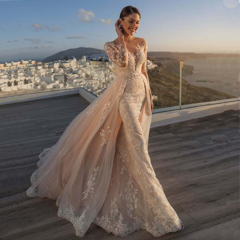 Her Shop Floral Lace Applique Beaded Belt Sweep Train Blush Pink Bridal Dresses White / 16