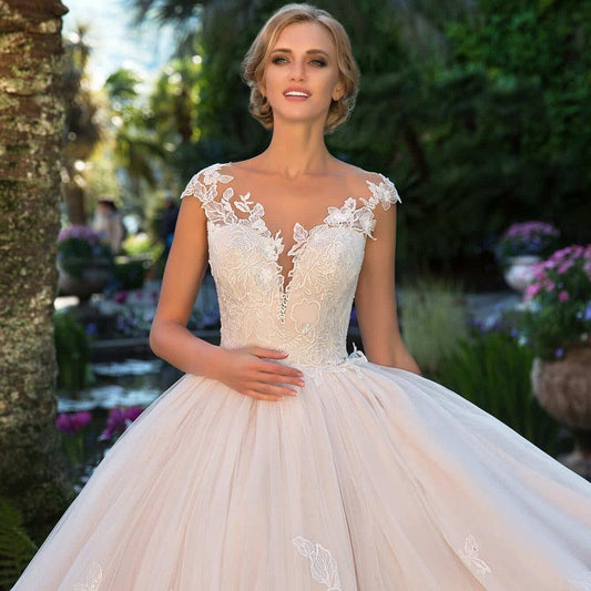 V Neck Lace Appliques 3D Flower Ball Gown Wedding Dress - HER SHOP