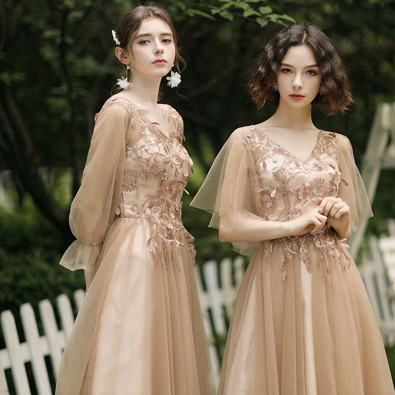 Pearls Embroidery Vintage Lace Tulle Knee-Length Bridesmaids Dress