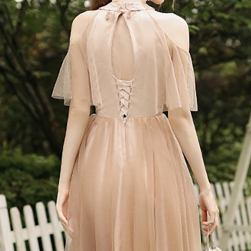 Pearls Embroidery Vintage Lace Tulle Knee-Length Bridesmaids Dress