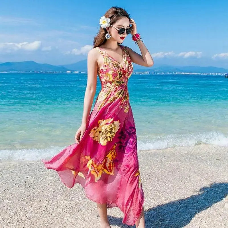 Summer High Quality Elegant Real Silk Beach Dress