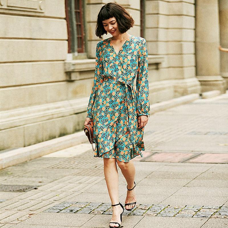Elegant New Fashion V Neck Long Sleeves 100% Silk Dress As picture / XL Elegant New Fashion V Neck Long Sleeves 100% Silk Dress As picture / XL