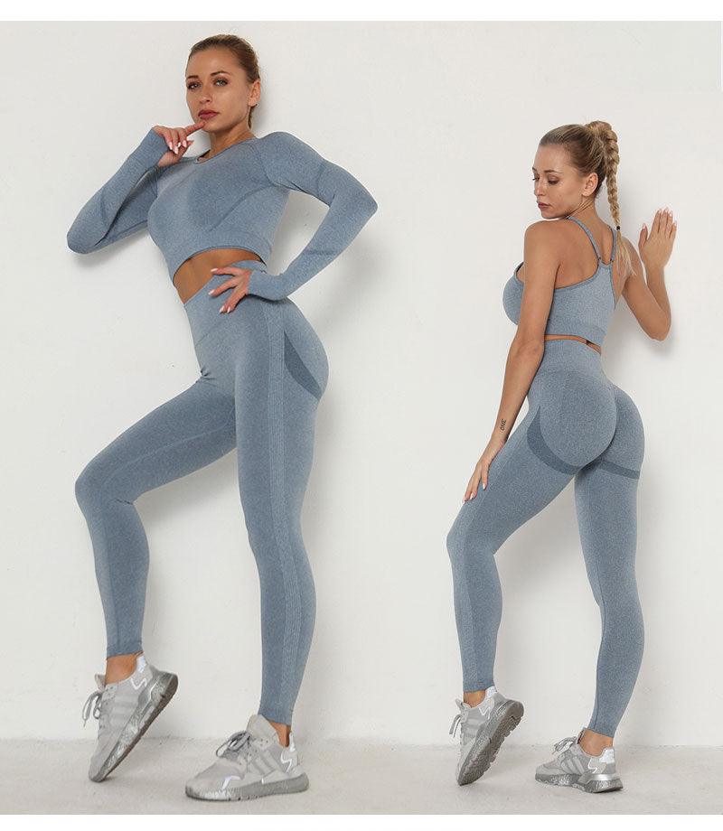 Seamless  Women Long Sleeve Crop Top High Waist Leggings+ Bra Yoga Sets