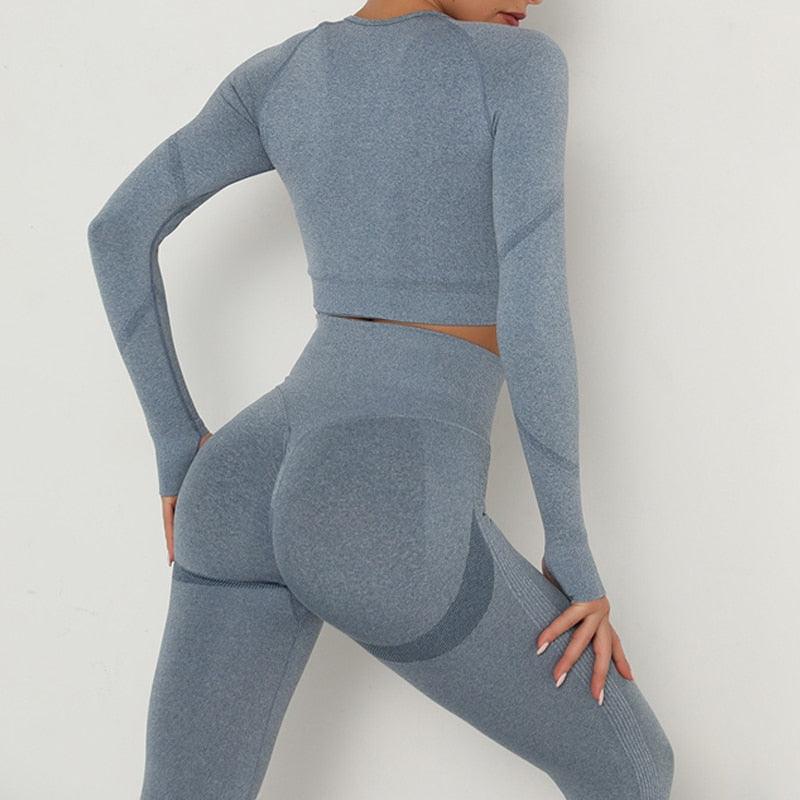 Seamless  Women Long Sleeve Crop Top High Waist Leggings+ Bra Yoga Sets
