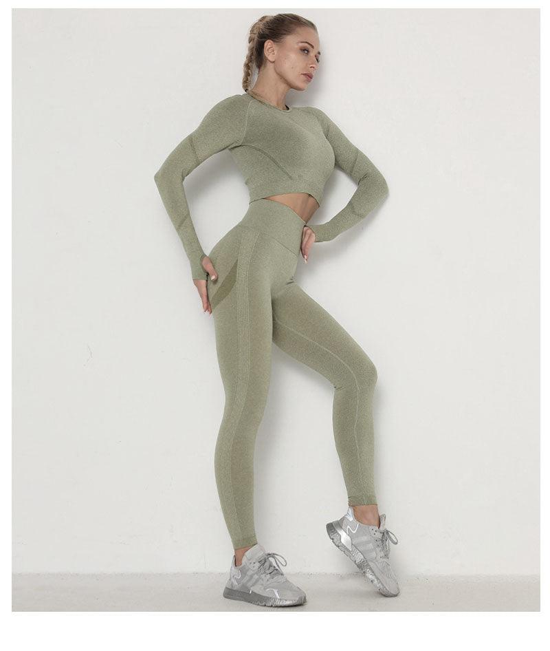 Seamless  Women Long Sleeve Crop Top High Waist Leggings+ Bra Yoga Sets