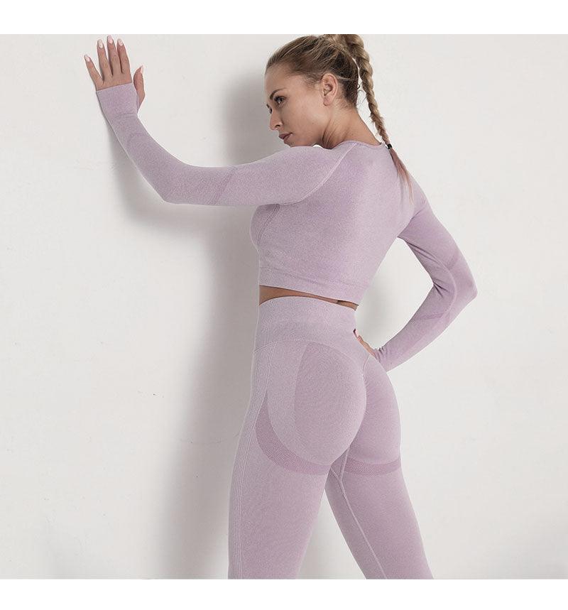 Seamless  Women Long Sleeve Crop Top High Waist Leggings+ Bra Yoga Sets