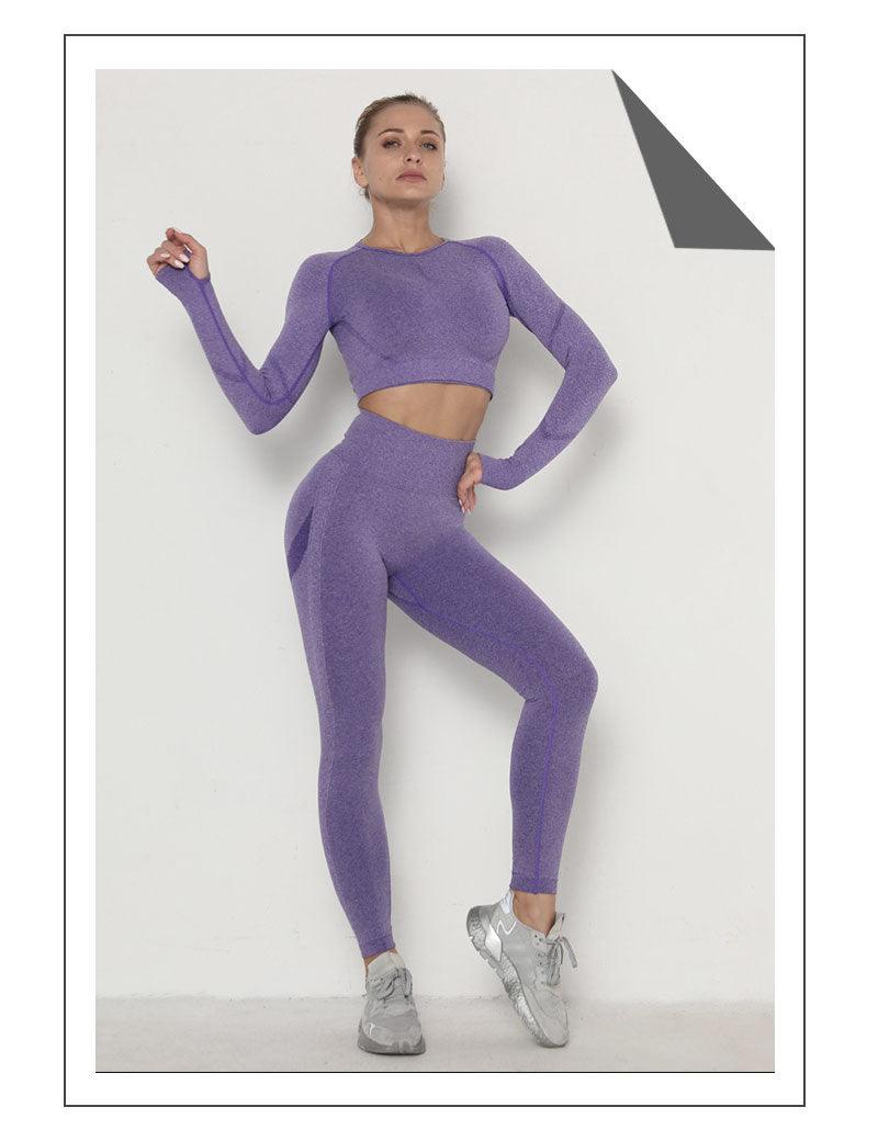 Seamless  Women Long Sleeve Crop Top High Waist Leggings+ Bra Yoga Sets