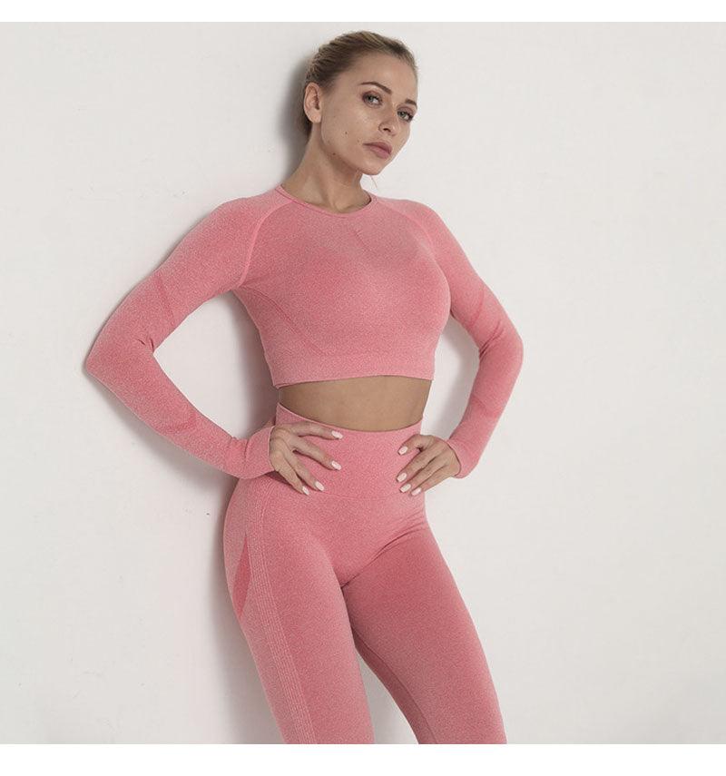 Seamless  Women Long Sleeve Crop Top High Waist Leggings+ Bra Yoga Sets