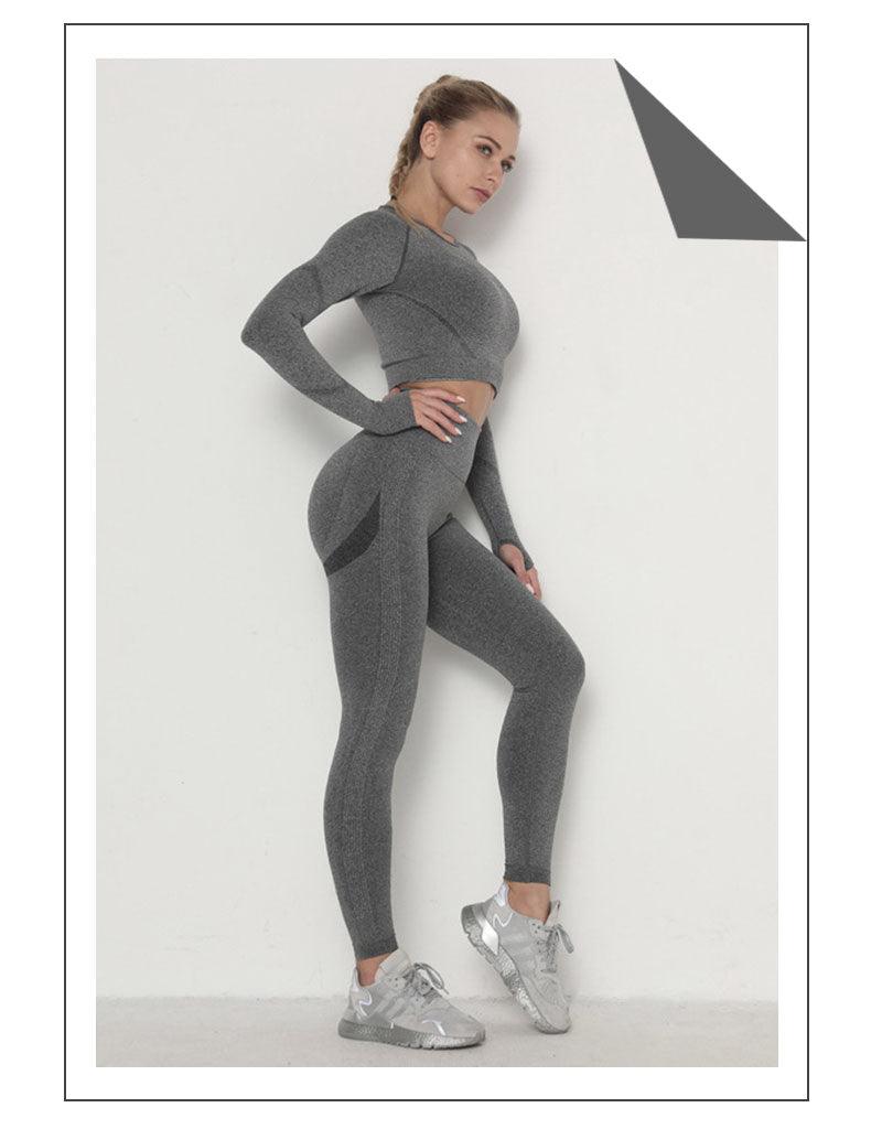 Seamless  Women Long Sleeve Crop Top High Waist Leggings+ Bra Yoga Sets