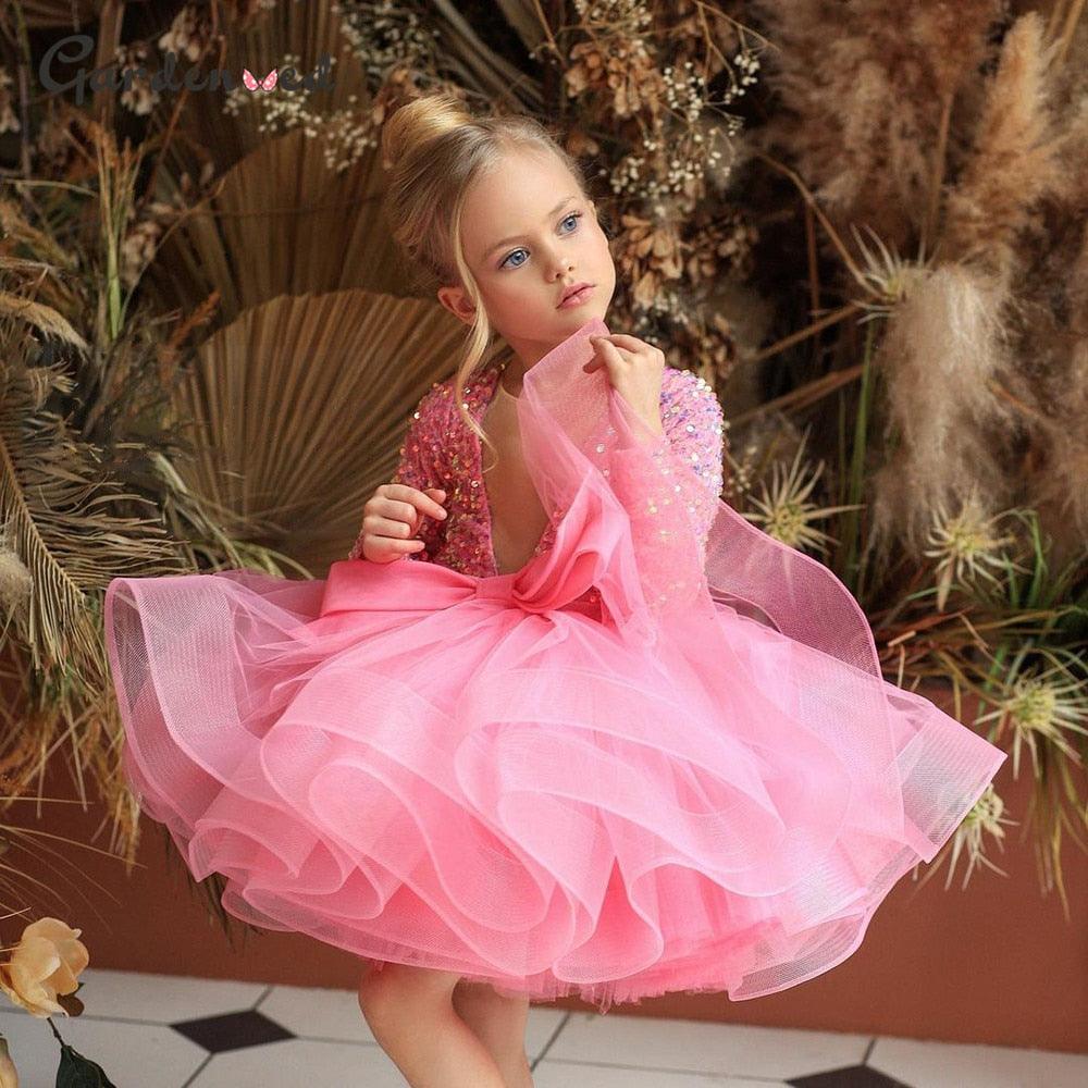 Glitter Illusion Puffy Layered V Neck Girl Party Dresses