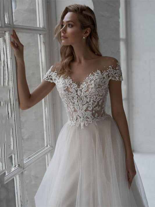 Pearl Beaded Lace Applique Tulle Bohemian A-line Wedding Dresses - HER SHOP
