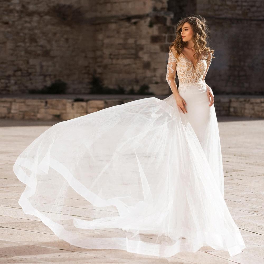 Custom Made Elegant Mermaid Long Sleeve Beach Wedding Dress Sexy Slim Fit White / 22W Custom Made Elegant Mermaid Long Sleeve Beach Wedding Dress Sexy Slim Fit White / 22W