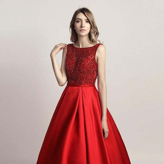 Elegant Evening Dresses O Neck Sleeveless Backless Empire A-Line Party Gown Beaded Sequins - HER SHOP®