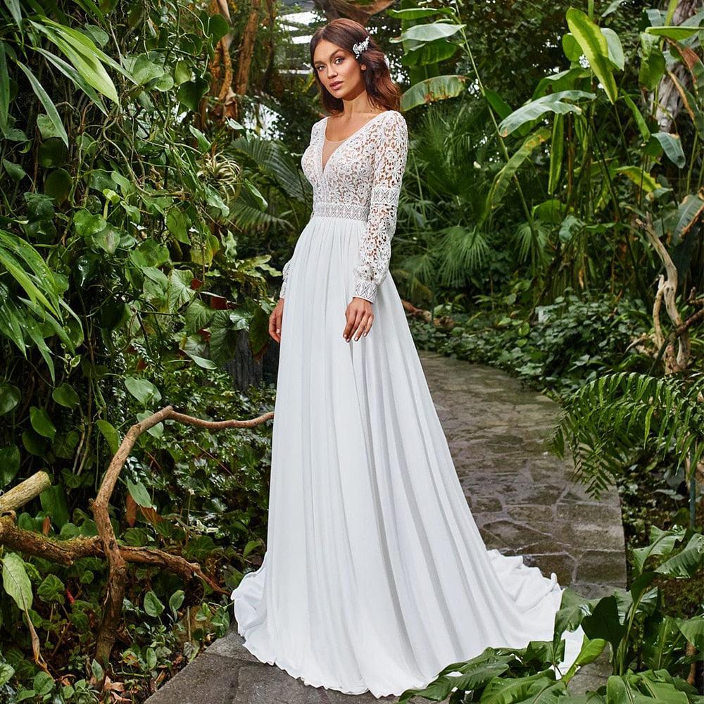 Custom Made Bohemian Chiffon Long Sleeve Plus Size Wedding Dress Flowy Romantic Design Ivory / Custom Size Custom Made Bohemian Chiffon Long Sleeve Plus Size Wedding Dress Flowy Romantic Design Ivory / Custom Size