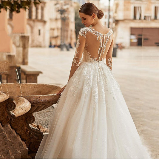 Elegant Ivory A-Line Illusion Scoop Neckline Lace Appliques Wedding Dress - HER SHOP