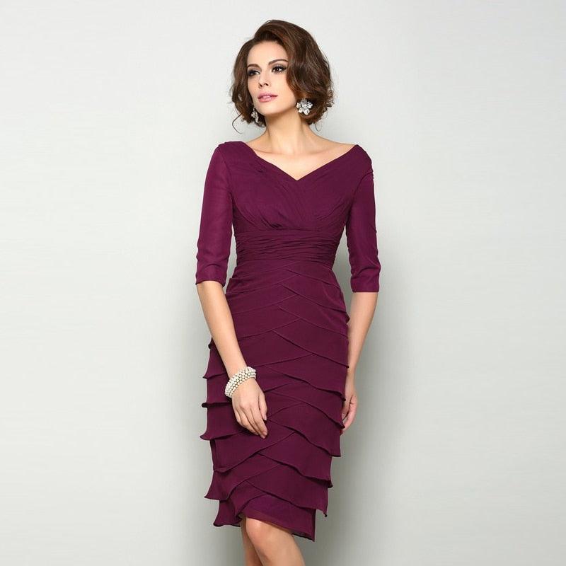 Plum Chiffon V-Neck Mother of Bride Dress - Short Style - HER SHOP