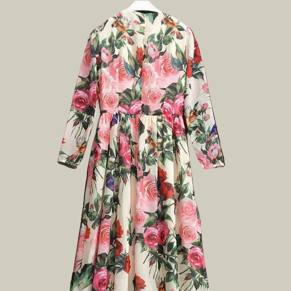 Sequined Beaded Rose Floral Bird Printed Long Dress Maxi Dress With Scarf