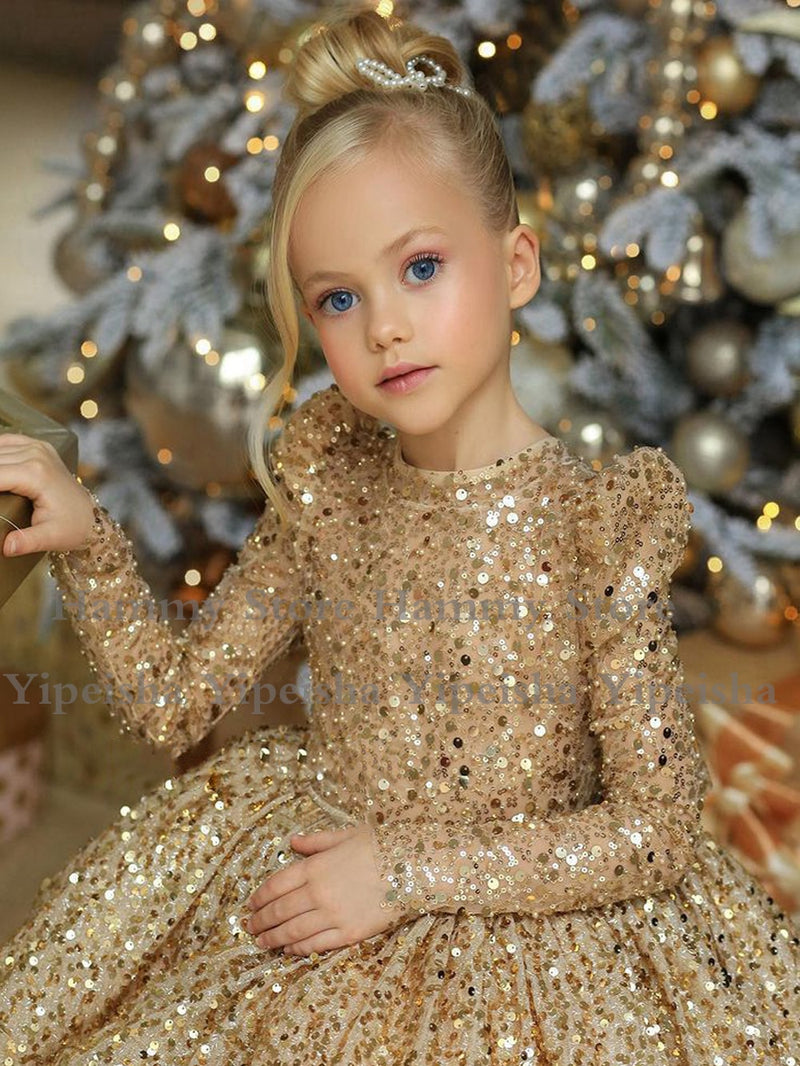 Luxury Long Sleeves Puffy Gold Sequin Flower Girl Dresses