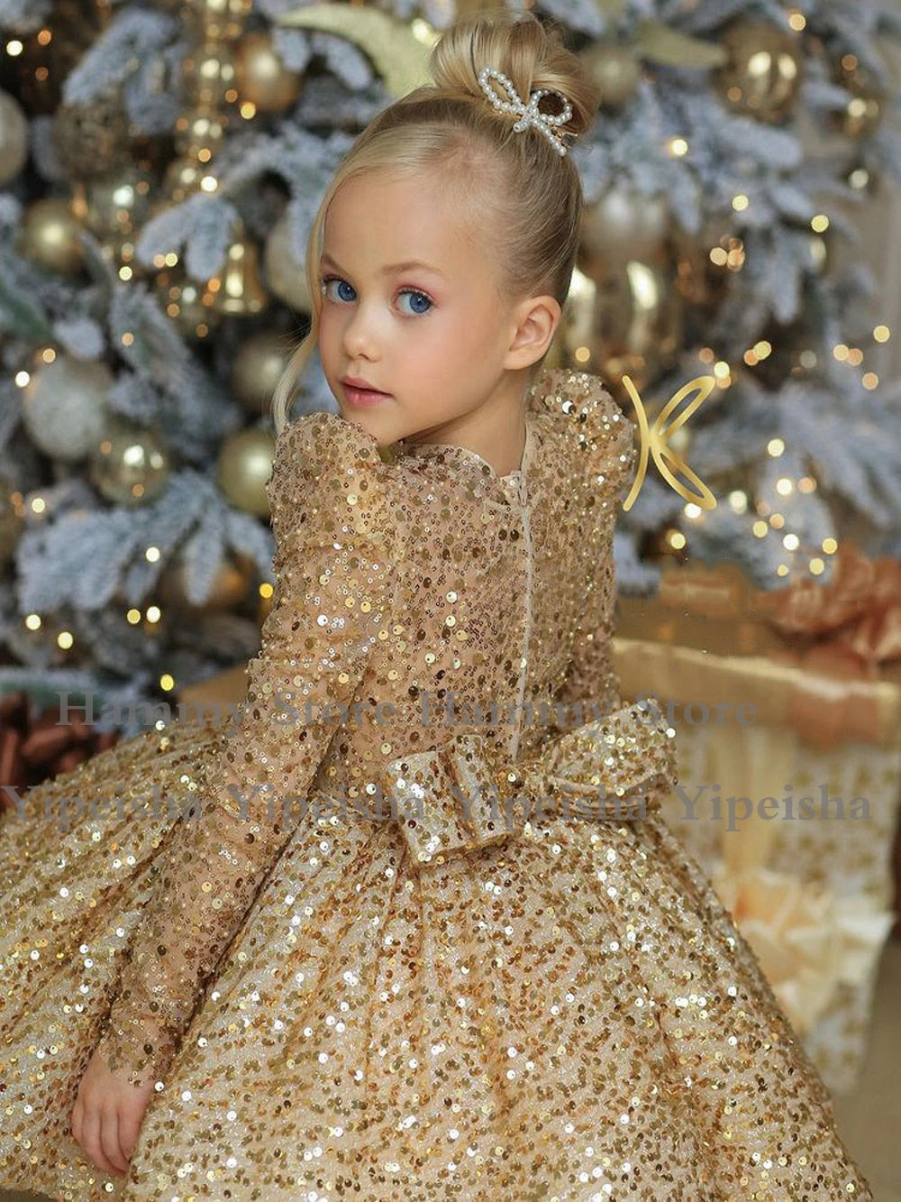 Luxury Long Sleeves Puffy Gold Sequin Flower Girl Dresses – HER SHOP