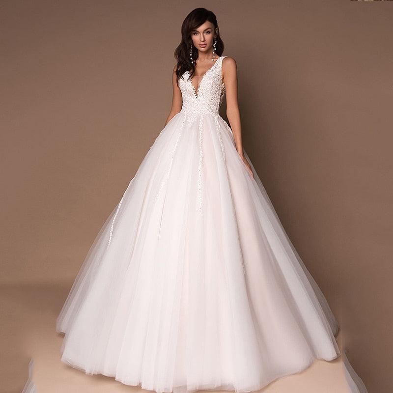 Custom Made Sexy Deep V-Neck Princess Wedding Dress – Puffy Tulle with Beads & Appliqués White / 14W