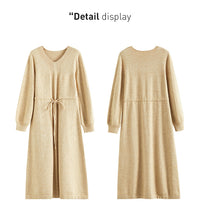 Women Winter V-neck Lace-up Waist Long Thick Camel Knitted Dress