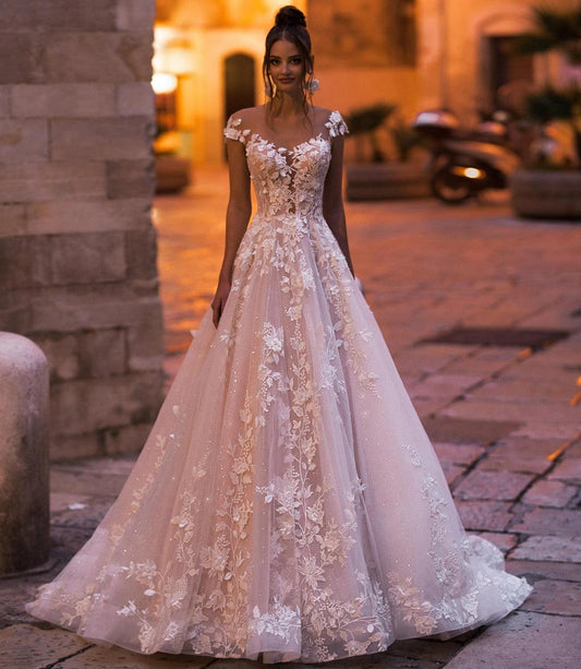 Sexy A Line Lace Deep V neck Plus Size Beading Appliques Wedding Dress - HER SHOP