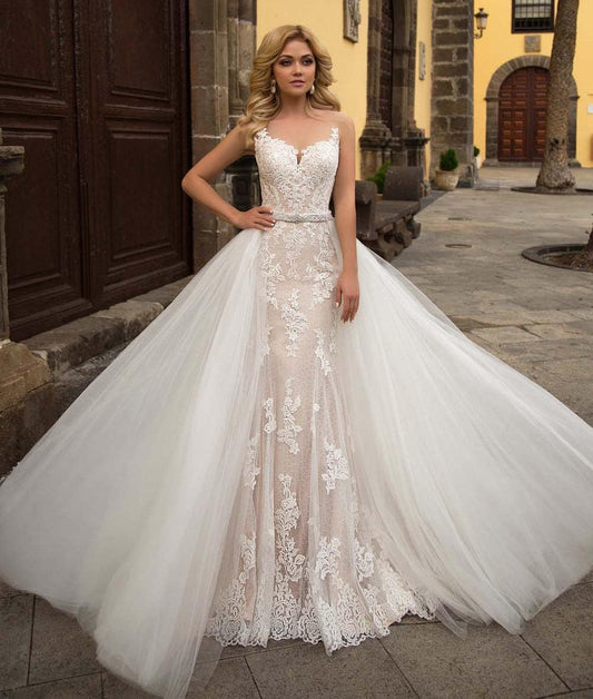 Mermaid Appliques Lace Beading Crystal Belt 2 Pieces Wedding Dress - HER SHOP