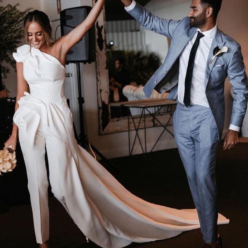 Custom Made White Satin One Shoulder Ruched Bridal Jumpsuit Wedding Dresses