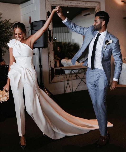 Custom Made White Satin One Shoulder Ruched Bridal Jumpsuit Wedding Dresses