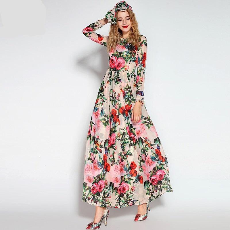 Sequined Beaded Rose Floral Bird Printed Long Dress Maxi Dress With Scarf Multi / XL Sequined Beaded Rose Floral Bird Printed Long Dress Maxi Dress With Scarf Multi / XL