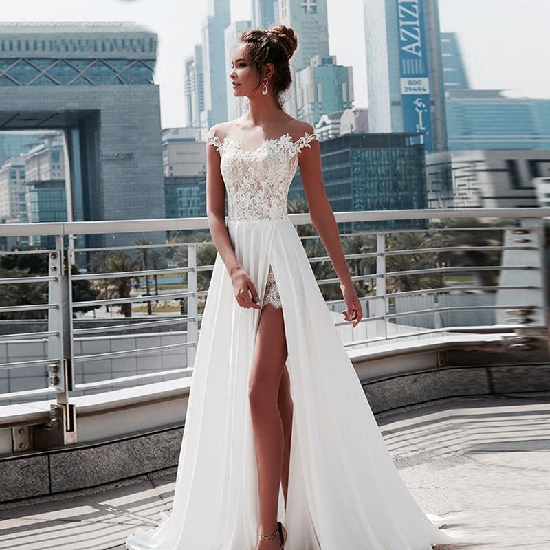 Custom Made Vintage Lace Boho Wedding Gown Beach A-Line with Romantic Appliqus White / 6 Custom Made Vintage Lace Boho Wedding Gown Beach A-Line with Romantic Appliqus White / 6