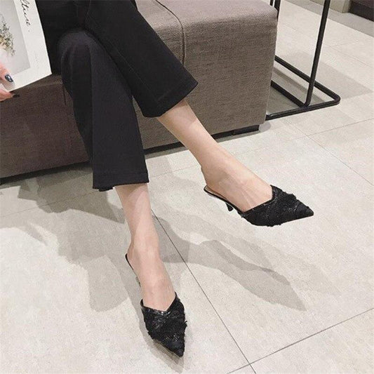 Pointed Toe Black Mesh Thin Heels - HER SHOP®