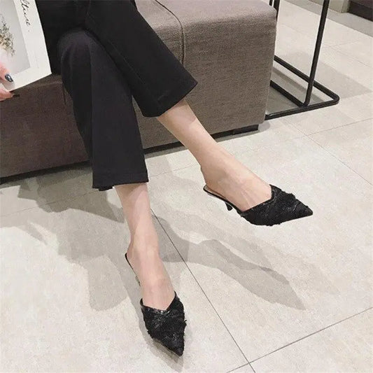 Pointed Toe Black Mesh Thin Heels Her Shop - HER SHOP®