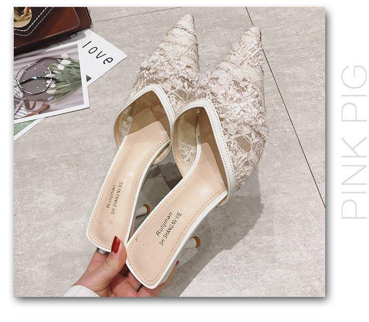 Pointed Toe Black Mesh Thin Heels