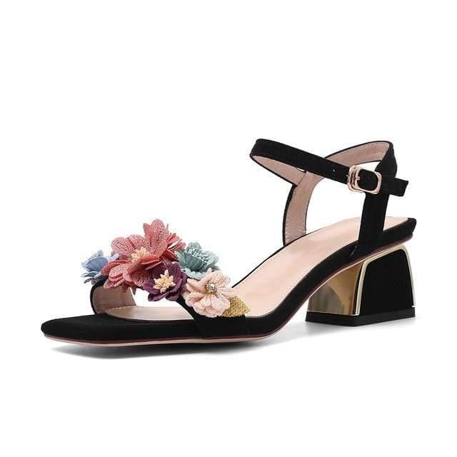 Summer Genuine Leather Floral Ankle Strap Heels