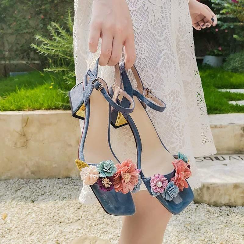 Summer Genuine Leather Floral Ankle Strap Heels