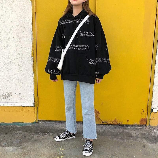 Harajuku letter printing hooded sweatshirt long-sleeved loose Pullovers sweatshirt - HER SHOP