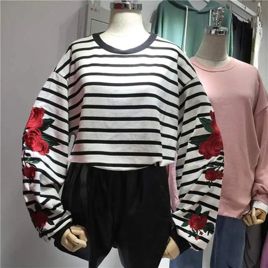 Roses Embroidery Vintage Striped Sweatshirt - HER SHOP®