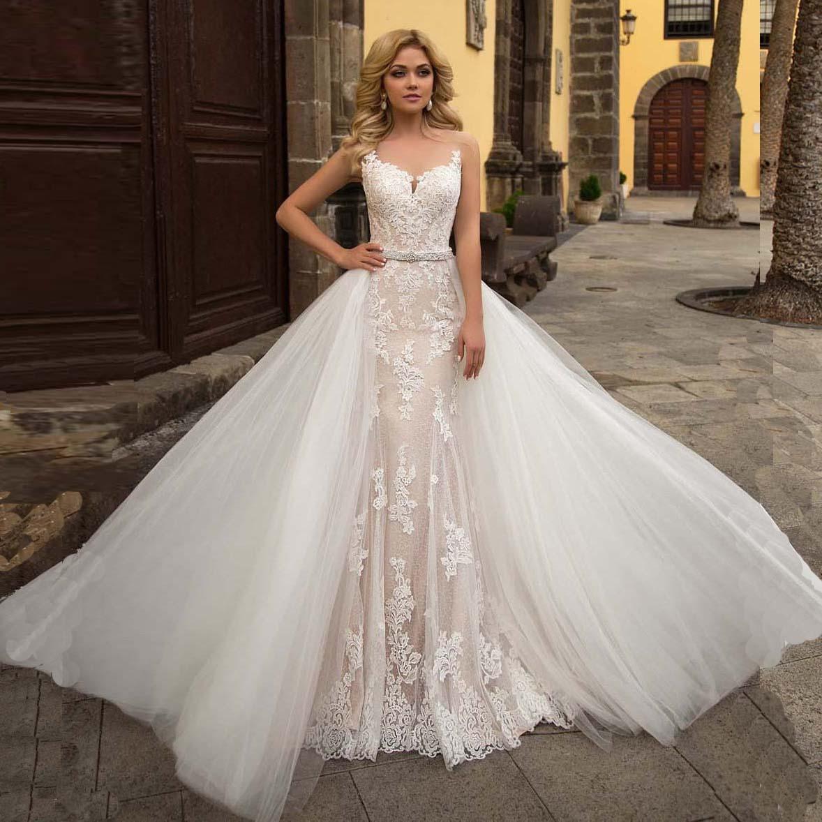 Custom Made Sexy Mermaid Wedding Dress Appliqus, Lace Beading & Crystal Belt 2-Piece Bridal Look Ivory / Custom Size Custom Made Sexy Mermaid Wedding Dress Appliqus, Lace Beading & Crystal Belt 2-Piece Bridal Look Ivory / Custom Size