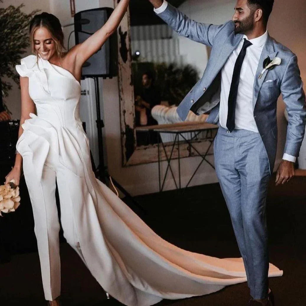 Custom-Made White Satin One-Shoulder Ruched Bridal Jumpsuit For Brides Who Prefer Modern Minimalism