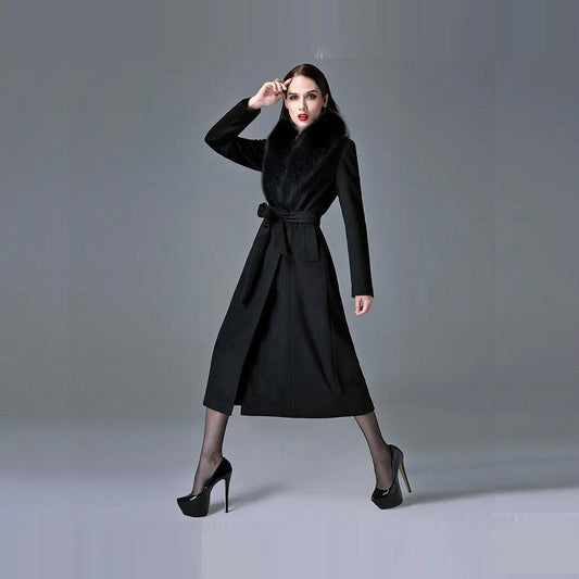 Woman Autumn Winter Thick Warm Wool Coat with Real Fox Fur Collar