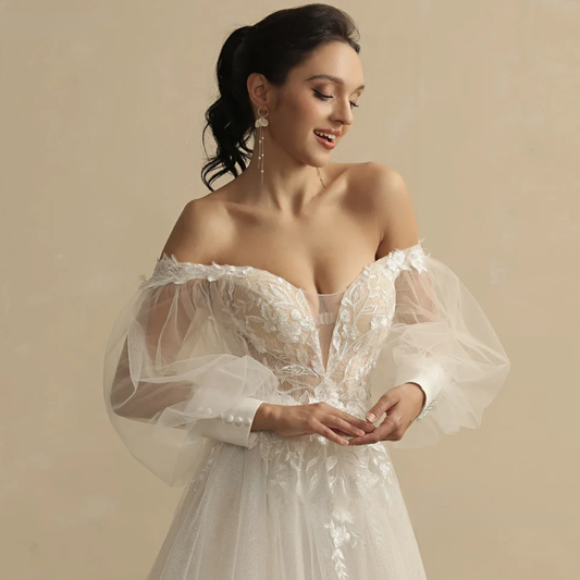 Customized Boho Wedding Dresses for Women – Deep V-Neck Full Sleeves A-Line Glitter Bridal Gown with Sweep Train - HER SHOP