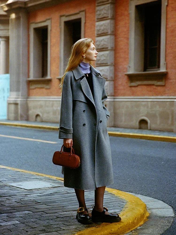 100% Wool Women’s Long Double-Breasted Coat – Belted, Windbreaker Style with Lapel in Grey and Navy Blue