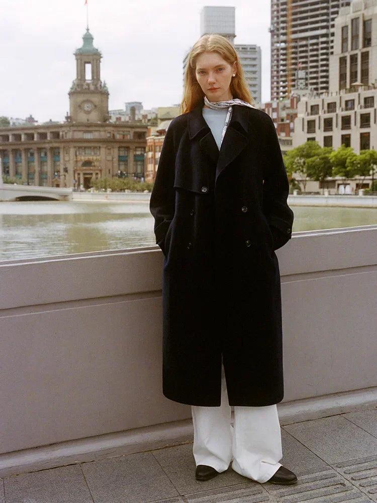 100% Wool Women’s Long Double-Breasted Coat – Belted, Windbreaker Style with Lapel in Grey and Navy Blue