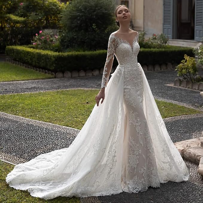2-Piece Lace Mermaid Wedding Dress with Full Sleeves, Beaded Details & Detachable Train - HER SHOP