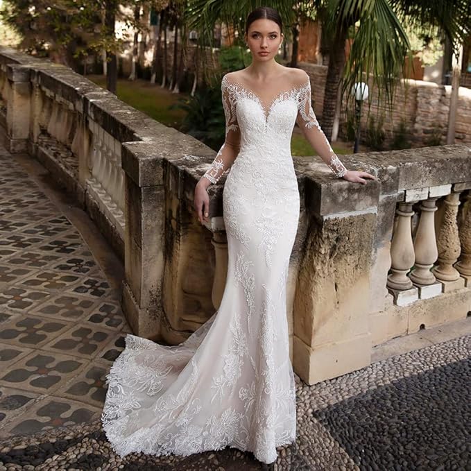 2-Piece Lace Mermaid Wedding Dress with Full Sleeves, Beaded Details & Detachable Train