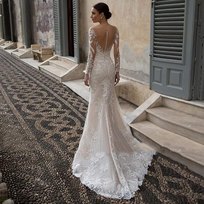 2-Piece Lace Mermaid Wedding Dress with Full Sleeves, Beaded Details & Detachable Train