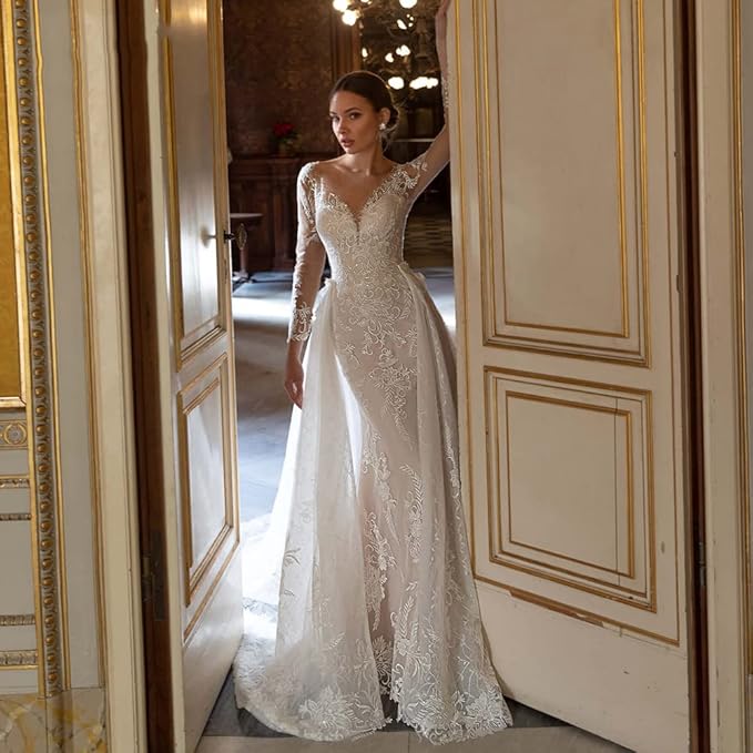 2-Piece Lace Mermaid Wedding Dress with Full Sleeves, Beaded Details & Detachable Train